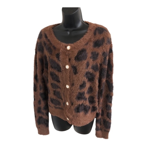 Brown black spotted fuzzy furry gold trim pearlized button cardigan sweater - Picture 6 of 11